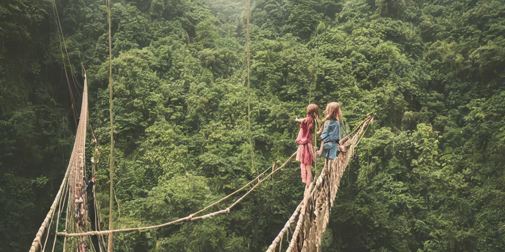 Image similar to an island of jungle cliffs with treehouses atop. tiered catwalks and rope bridges. kids in colorful war paint standing on the rope bridges. foggy valley and mountains fading into the distance, at sunset. waterfalls. neverland. 3 5 mm portrait film.