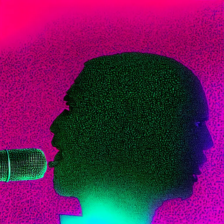 Prompt: rapping into microphone, epic angle, profile view, silhouetted, distinct, psychedelic hip-hop, laser light show, beams of light, illustrated by Victor Moscoso