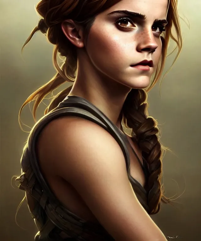 Image similar to Emma Watson as pudge from dota 2, sci-fi, amber eyes, face, long hair, fantasy, intricate, elegant, highly detailed, digital painting, artstation, concept art, smooth, sharp focus, illustration, art by artgerm and greg rutkowski and alphonse mucha