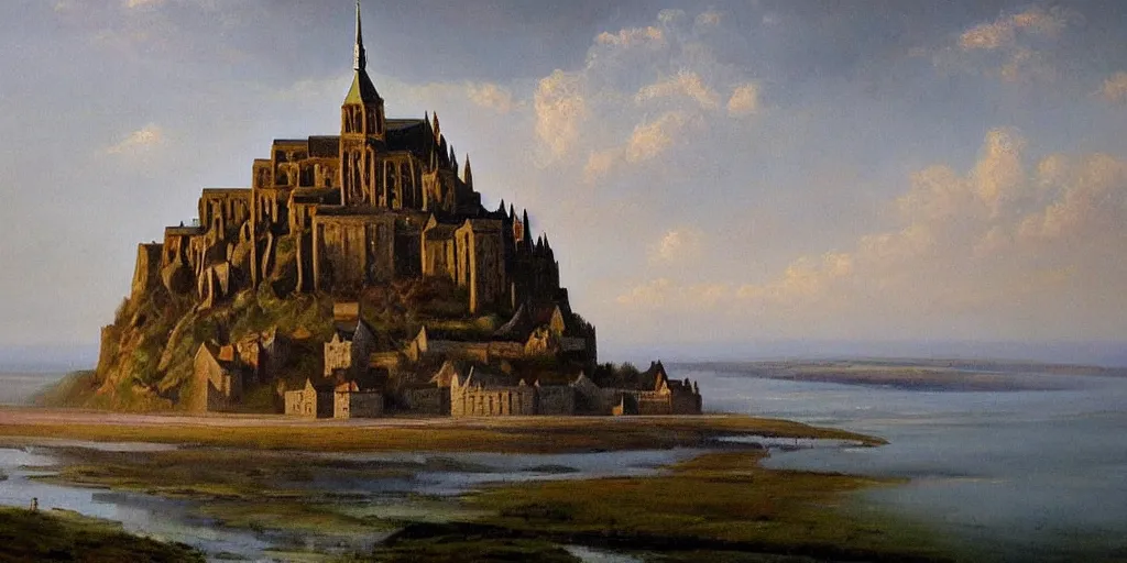 Image similar to oil painting portraying mont saint michel in the style of romanticism landscape painters,beautiful,mist,evocative