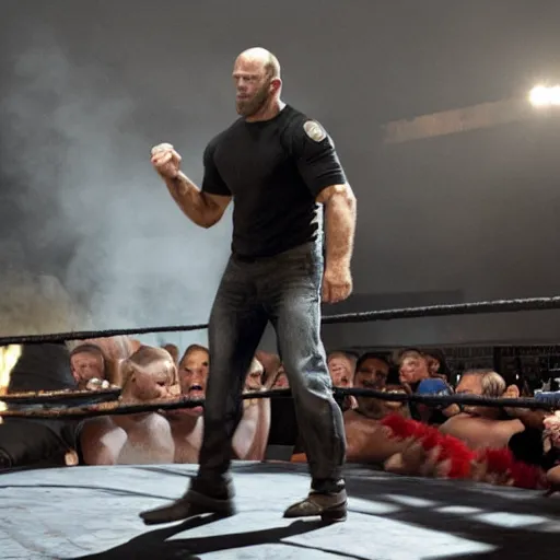 Image similar to a scene of jason statham as wrestler entering entrances, with pyro