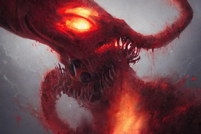 Image similar to painting by greg rutkowski of a flying crying human head and face that is chalk white in color, with tentacles coming of the neck, fiery red eyes, flying in a terrying hell like cavernous place