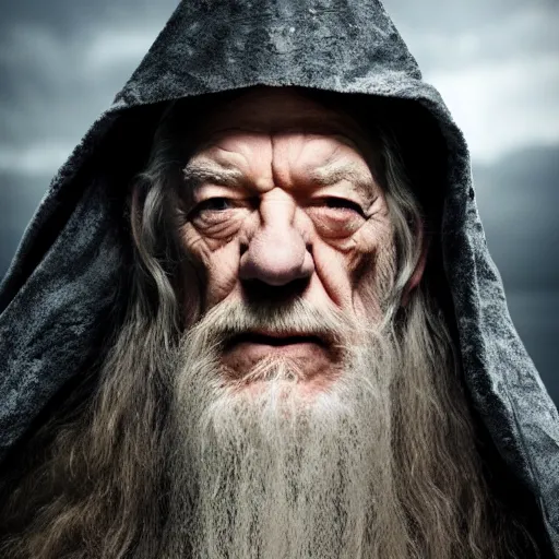 Image similar to the evil ian mckellen as gandalf in a dark viking hood playing odin all father from the thor movie crafting a neural network with synapses on an anvil, highly detailed, cinematic shot, cinematic lighting, 8 k, exquisit facial detail