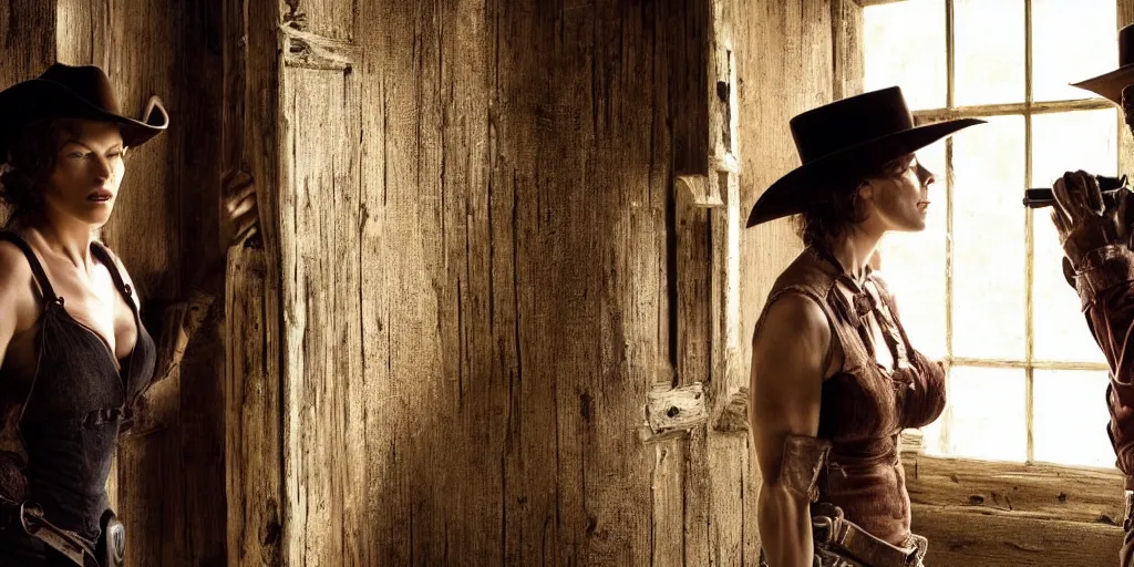 Prompt: in an old west cabin, close up shot of beautiful Mila Jovovich (alone) in the doorway and Dave Bautista cowboy standing ((alone)) at the window talking to each other , in the style of Fredrick Remington, oil painting