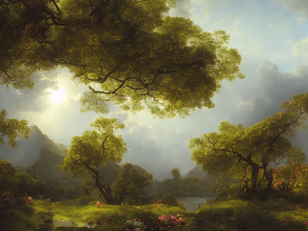 Image similar to 3d render, Sunlight Study, Springtime in Kauai by Jan Davidsz de Heem and Rachel Ruysch ((((((((Ivan Aivazovsky)))))))) and (((Lisa Frank))), Art Nouveau, 8k, extreme detail, sharp focus, octane render