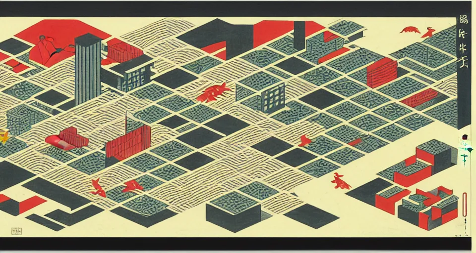 Image similar to isometric urban dashboard with time series charts, pie plots and other modern graphics, with small creatures swimming on it. monografia by diego rivera ( ukiyo - e influence )