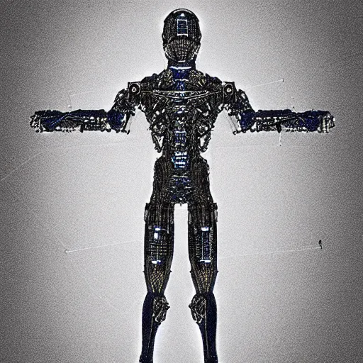 Prompt: T-posing image of a cybernetically augmented human male, monochrome, medium: pencil, technical drawing, blueprints, detailed