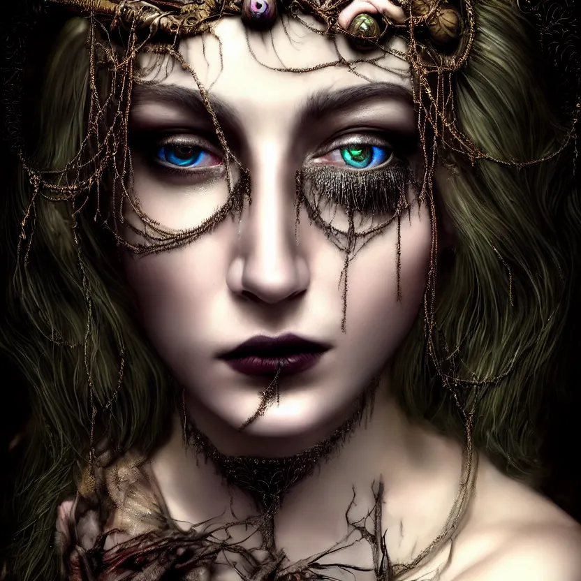 Image similar to mindblowing portrait of the enchantress queen, a stunning timeless beauty, breathtaking eyes, perfect skin, feathered eyelashes, royal gothic dress with a lot of leather, heavy silent hill aesthetic, incredibly intricate, digital art, blender, houdini & photoshop, very elegant & complex, hyper-maximalist, overdetailed, epic cinematic quality, biblical art lighting, photorealistic, lifelike, OLED, DSLR HDR 8k, face is the focus, facial feature symmetry, hyper composed, created by Nixeu & z--ed from deviantart