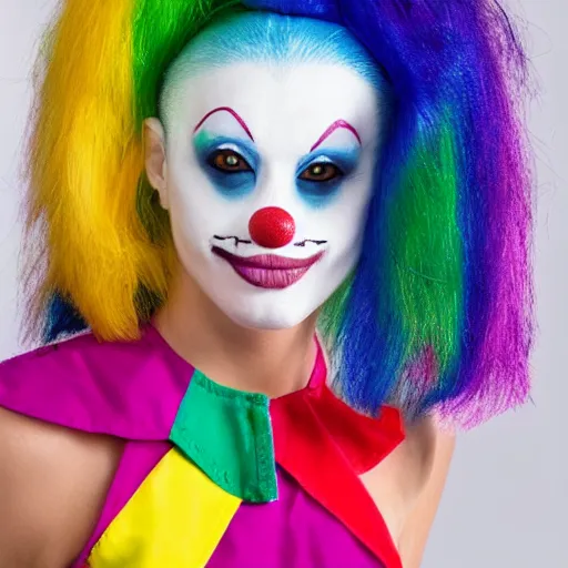 Image similar to ferret with clown makeup and rainbow clown wig