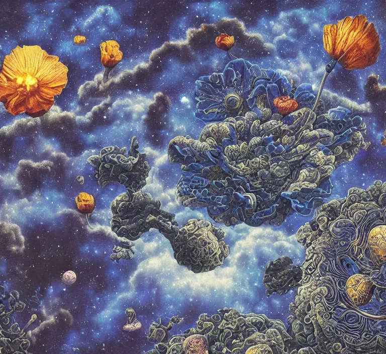 Image similar to detailed, intricate blue black and purple papaverum flower on the field, nebula, galaxy in the sky, winning award masterpiece, fantastically beautiful, illustration, aestheticly inspired, jacek yerka, upscale with anguissola sofonisba work, artstation, 8 k