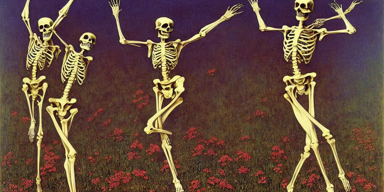 Image similar to eastern european springtime skeleton dancing by zdzisław beksinski and gustave dore and alphonse mucha