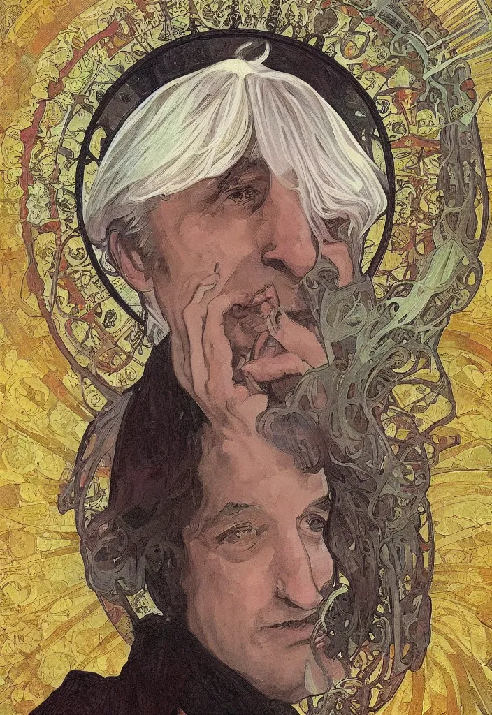 Image similar to realistic white - haired geoffrey hinton in a crown with neural networks on a tarot card, tarot in art style by alphonse mucha