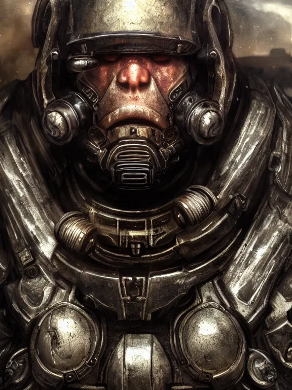 Prompt: portrait art of 8k ultra realistic black space marine, cinematic lighting, battered, fallout, trending on artstation, 4k, hyperrealistic, focused, extreme details,unreal engine 5, cinematic, masterpiece, art by ayami kojima, giger