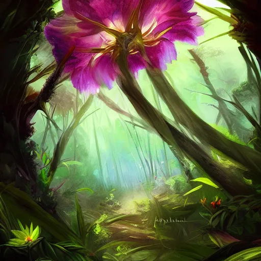 Image similar to hidden flower in dark forest, dense jungle, colorful flower, color palette, painting, mysterious, beautiful, magic the gathering, artstation award