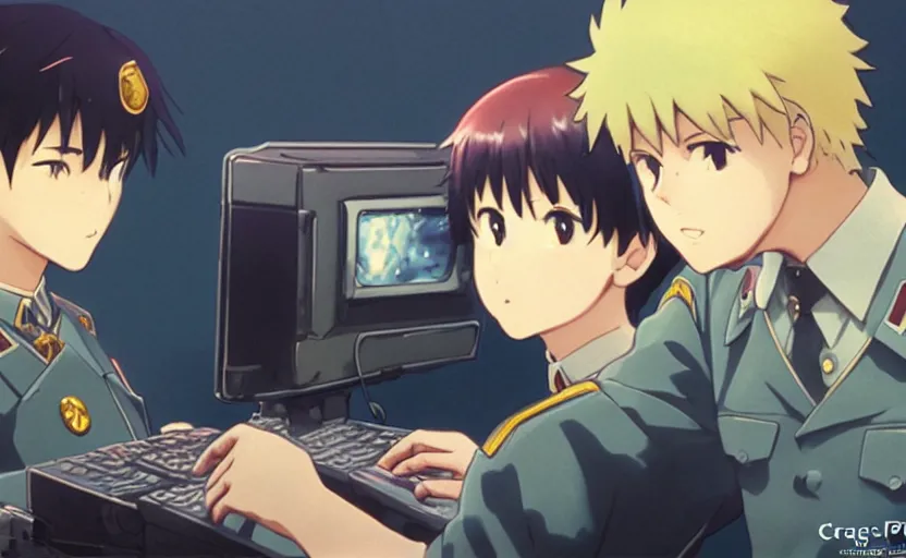 Image similar to film still anime keyart overview polaroid angry realistic josef stalin trading bitcoin in front of computer, finely detailed features, closeup at the faces, perfect art, gapmoe yandere, trending on pixiv fanbox, painted by craig mullins makoto shinkai takashi takeuchi studio ghibli, akihiko yoshida,