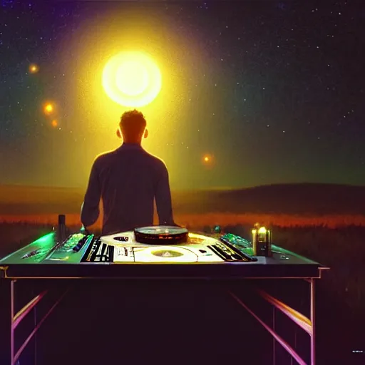 Image similar to A man djing at night under the stars, beautiful, digital art, artstation, hyperrealistic, 8k, unreal engine, octane render, trending on artstation, art by Artgerm and Greg Rutkowski and Alphonse Mucha and Beeple