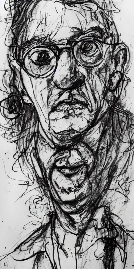 Prompt: a loose wild messy ink sketch portrait of a self portrait in the style of ralph steadman, caricature, dramatic