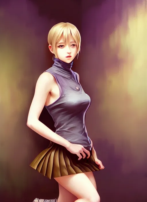 Image similar to portrait of a full body of beautiful young female detective, d & d, sleeveless turtleneck, pleated skirt, fantasy, flat lighting, intricate, highly detailed, digital painting, artstation, concept art, smooth, sharp focus, illustration, misa amane, art by simon bisley and greg rutkowski and alphonse mucha, natural tpose