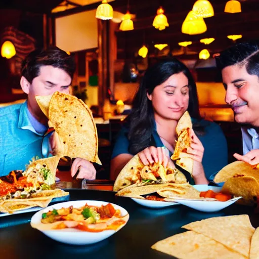 Image similar to A group of corgis eating taco in a Mexican restaurant, cinematic lighting, dramatic