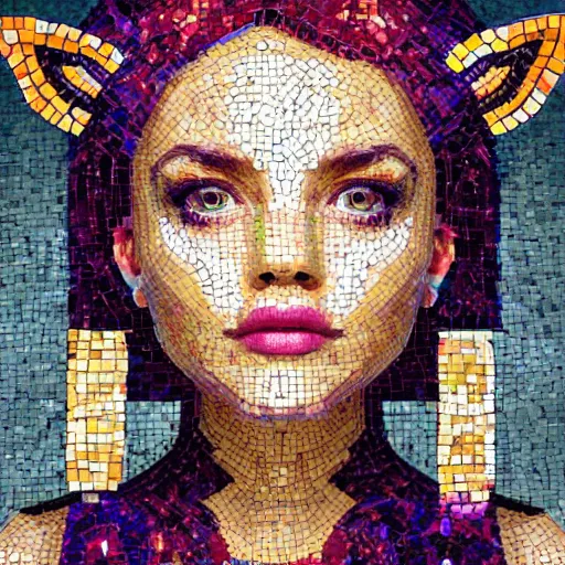 Image similar to portrait mosaic of a beautiful cute girl with robot ears and eyes, 4k, intricate details