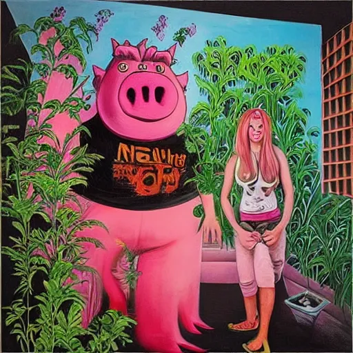 Prompt: “tall queer woman with long pink hair and a tall emo girl, a giant weedy pig, skyscraper covered in plants, pork, acrylic and spray paint and oilstick on canvas, surrealism, neoexpressionism”