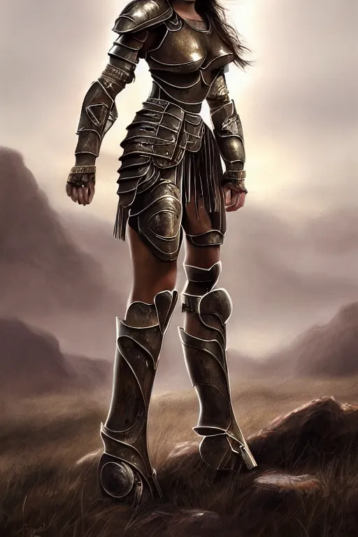 Prompt: a photorealistically painted portrait of an attractive young girl, partially clothed in metal-plated battle armor, standing in front of a vast landscape, flawless olive skin, fair complexion, long dark hair, beautiful bone structure, perfectly symmetric facial features, perfect photorealistic eyes, natural physique, intricate, elegant, digital painting, concept art, finely detailed, beautifully illustrated, sharp focus, minimal artifacts, volumetric lighting, from Metal Gear, by Ruan Jia and Mandy Jurgens and Artgerm and William-Adolphe Bouguerea, in the style of Greg Rutkowski, trending on Artstation, award winning art