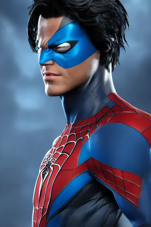 Image similar to characters portrait of Nightwing mixed with Spiderman, full-shot, merged character, 4k, highly detailed, cinematic lighting, photorealistic, 3d render, award winning render, unreal engine, octane render, studio lighting, 8k, hd