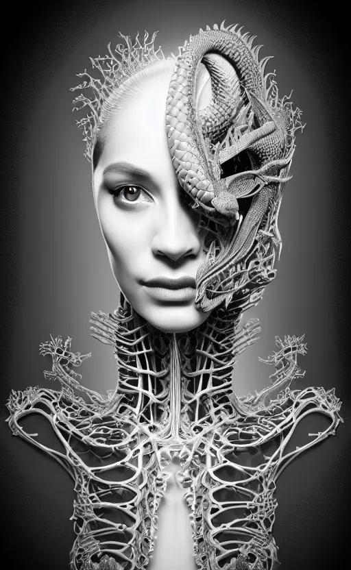 Prompt: a black and white 3D render of a beautiful profile face portrait of a female dragon-cyborg, 150 mm, flowers, Mandelbrot fractal, anatomical, flesh, facial muscles, wires, microchip, veins, arteries, full frame, microscopic, elegant, highly detailed, flesh ornate, elegant, high fashion, rim light, octane render in the style of H.R. Giger and Man Ray