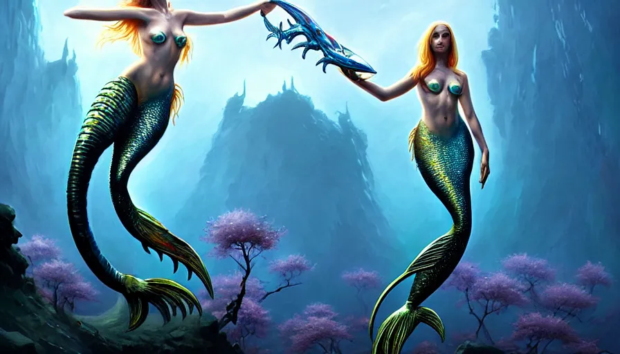Prompt: a beautiful mermaid wearing metal armor, alien fish attack in the style of roger dean, realistic, sharp focus, 8 k high definition, insanely detailed, intricate, elegant, art by greg rutkowski and artgerm, extreme blur cherry blossoms background