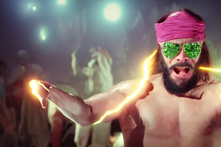 Image similar to ouja board summoning the ghost of macho man randy savage, movie still, cinematic lighting, 8 k