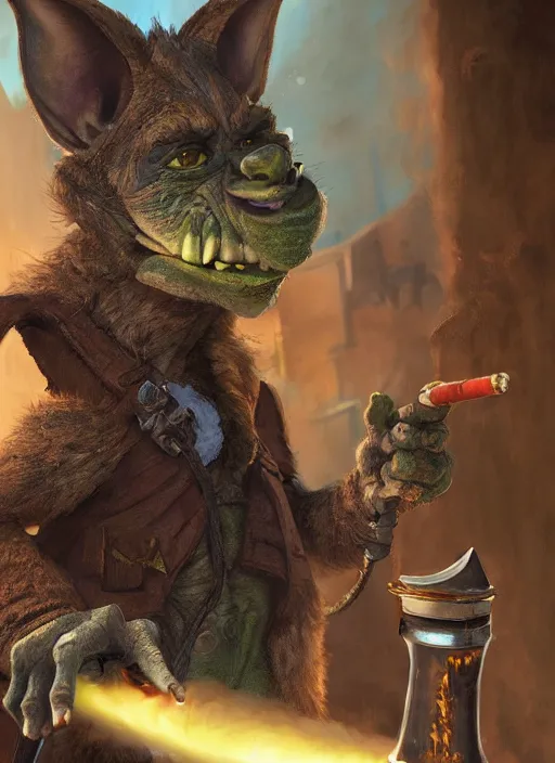 Image similar to pathfinder 2 e illustration of furry goblin smoking a cigar, unreal engine, hyper realism, realistic shading, cinematic composition, realistic render, octane render, detailed textures, photorealistic, wide shot