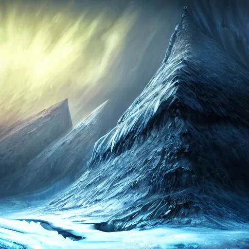 Prompt: digital painting of a frozen ice covered volcano, style of dark souls III, concept art, high angle, high detail, cold lighting, dark, vivid, beautiful, trending on artstation, by Jordan grimmer, no focus, huge scene, terrain visible