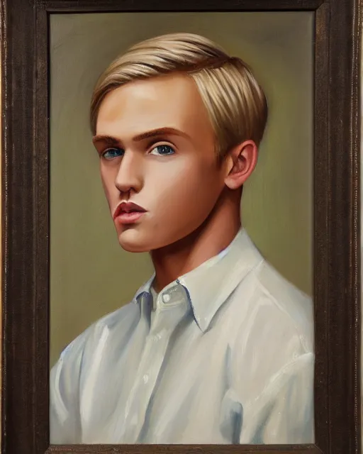 Prompt: awkward cute blond man who is awkward and is also awkward, feminine man, handsome and attractive, cute face, thin, short, very detailed oil painting, oil on canvas