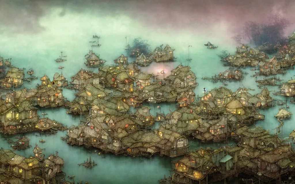 Prompt: fishing village by the lake, beautiful matte painting, brian froud, yoshitaka amano, kim keever, victo ngai, james jean.