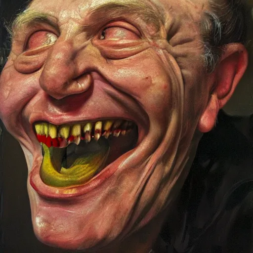 Image similar to high quality high detail painting by lucian freud, hd, a laughing monster, photorealistic lighting