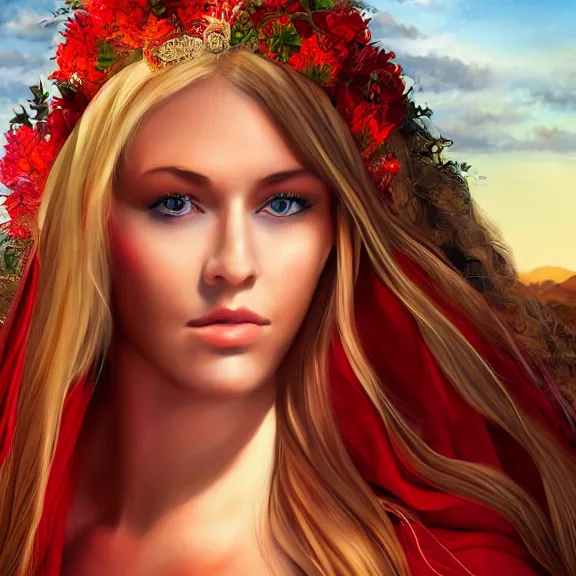 Image similar to Portrait of a young half elven woman with a beautiful red dress, lots of jewelry, Blonde long hair. freckels in hee face. Desert Hills in the background. Sharp Image. Detailed digital art.