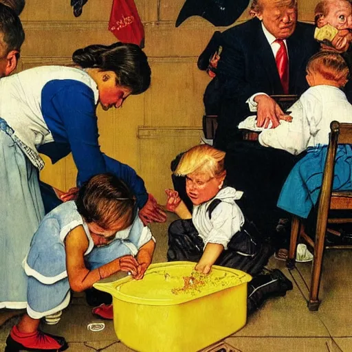 Image similar to children pouring yellow lemonade on Donald trump laying down, mannerism, norman Rockwell,