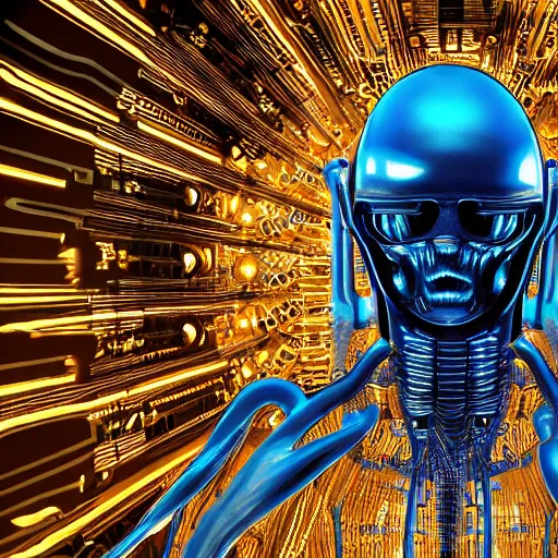 Prompt: Cinematic Imax depiction of an advanced, top of the line cyborg in the style of HR Giger, blue color palette with brightened hues 3840 x 2160