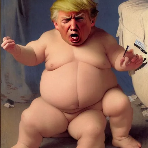 Prompt: Painting of angry Donald Trump as a troll in diapers. Old. Unhappy. Very Fat. Art by william adolphe bouguereau. Very very very very very very much detailed. 4K. Award winning.