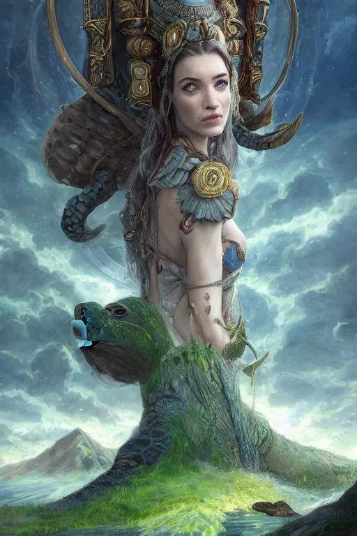 Image similar to A fantasy book style portrait painting of the Great Turtle Island at the center of the Universe, accompanied by a hybrid, Anya_Taylor-Joy, Cory Chase, Eva Green, as a Mystical Valkyrie, Anubis-Reptilian, Atlantean Warrior, François Boucher, Oil Painting, unreal 5, DAZ, hyperrealistic, octane render, Regal, Refined, Detailed Digital Art, RPG portrait, Walt Disney (1937), William-Adolphe Bouguereau, Michael Cheval, Steampunk, Volumetric Golden dappled dynamic lighting, Highly Detailed, Cinematic Lighting, Unreal Engine, HD, 8k, HD