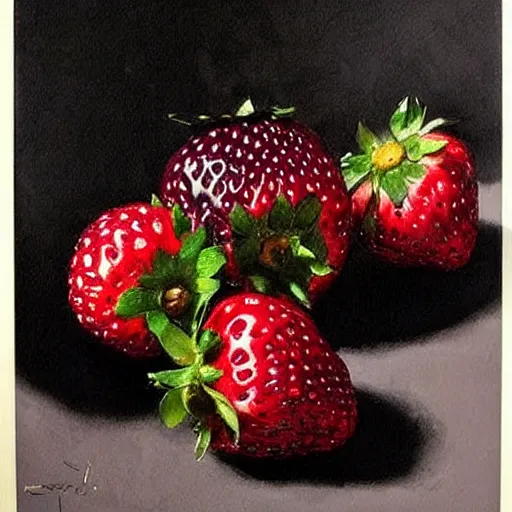 Prompt: table with very very black colored strawberries, #black strawberry fruit, ?black strawberry, !black strawberries, •black strawberries painted by rossdraws, greg rutkowski, thomas kindkade