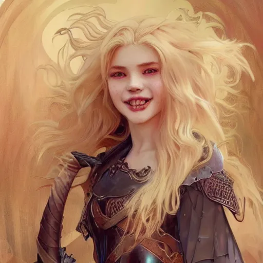 Image similar to a blonde vampire girl, child, freckles, smiling, fangs, messy curly hair, dark leather armor, sword, intricate and very beautiful and elegant, highly detailed, digital painting, artstation, concept art, smooth and sharp focus, cg by tian zi and wlop and alphonse mucha