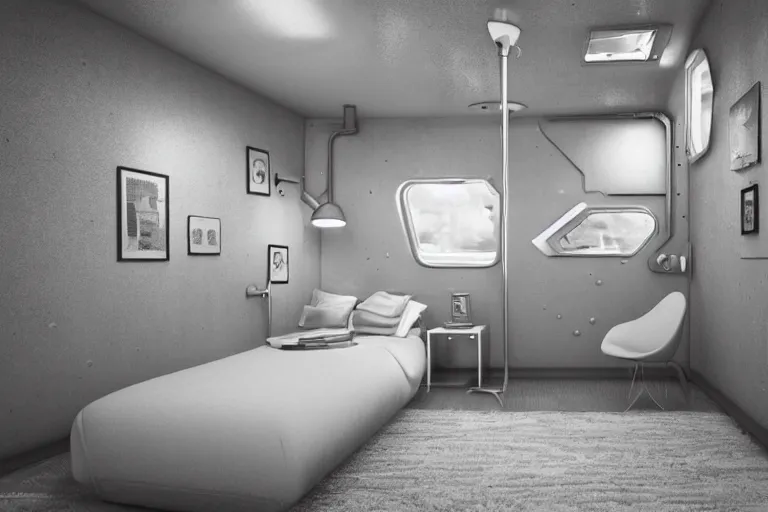 Image similar to small single bedroom quarters inside 1960s rocket ship with gray metallic factory engine walls, details, sharp focus, intricate, high definition, retro, sci-fi, digital Art, 3D, realistic photograph,