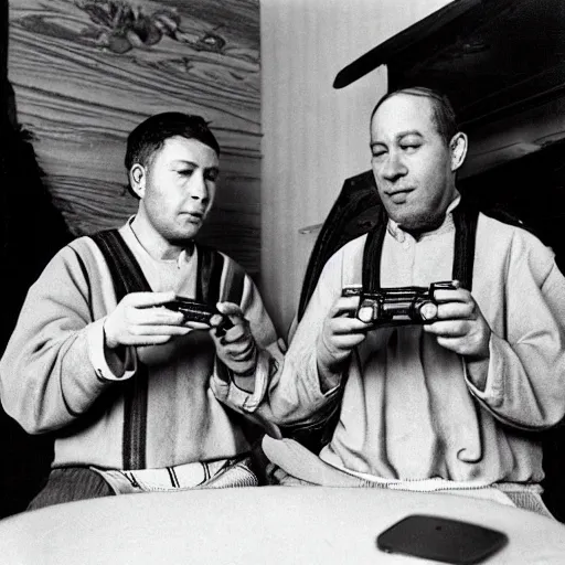 Image similar to a photograph of two men from the 1 2 th century playing on a handheld console