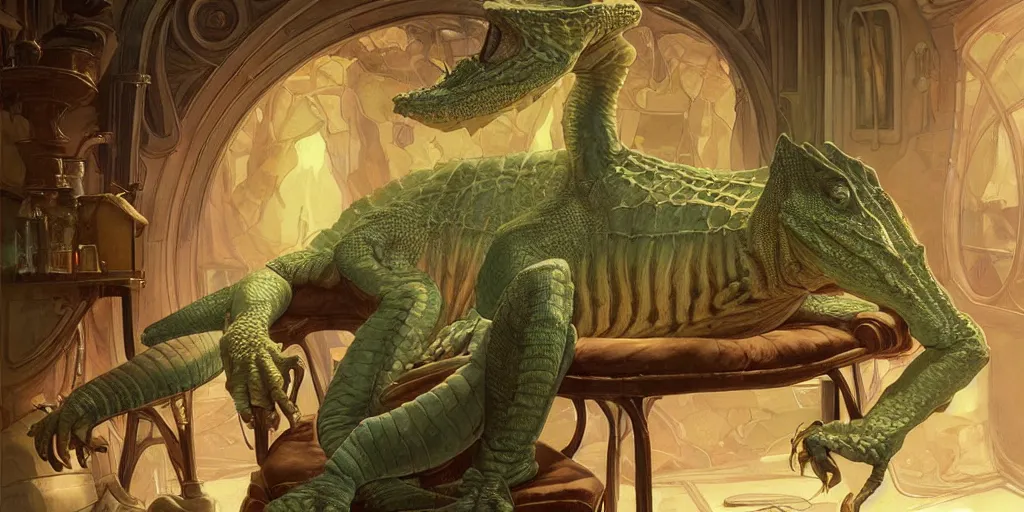 Image similar to lizardman lounging in a chair in front of an oven, fantasy, highly detailed, digital painting, concept art, matte, sharp focus, illustration by artgerm, art by greg rutkowski, art by alphonse mucha