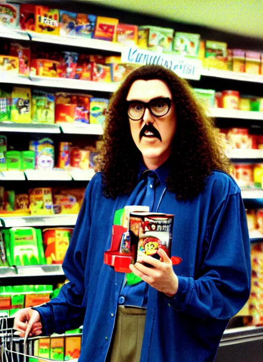 Image similar to weird al yankovic in a grocery store circa 1 9 9 7, ultra realistic