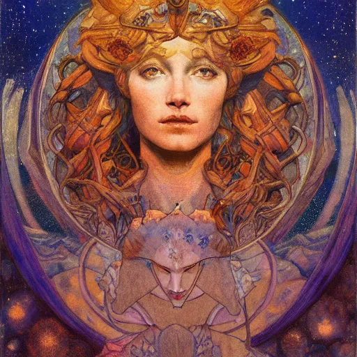 Image similar to queen of the moon with stars in her hair, by annie swynnerton and tino rodriguez and nicholas roerich and jean delville and donato giancola and diego rivera, dramatic lighting, god rays, geometric tattoos, rich colors, smooth sharp focus, extremely detailed, adolf wolfli