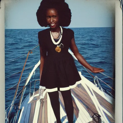 Image similar to a medium full shot, german and eastern european mixture polaroid photograph depicting a black woman with dark brown skin, long, swirling black hair, and jade colored eyes, on a sailing boat. she is wearing wearing a yachting dress ensemble in 1 9 8 2.