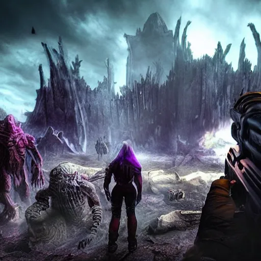 Prompt: apocalyptic world, doom game like look, female in hoodie in the middle, purple hair, shooting the monsters, 8 k, photorealistic, hyper realistic, full detail