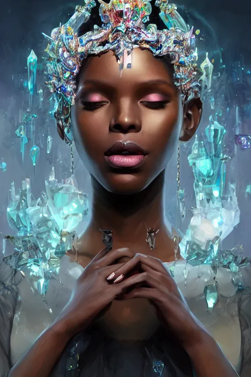 Prompt: beautiful black model wearing crystal crown full of jewels, cyberpunk, 3 d render, hyper realistic detailed portrait, holding ice flowers, scifi, fantasy, hyper detailed, octane render, concept art, peter mohrbacher, artgerm, ruan jia, wlop